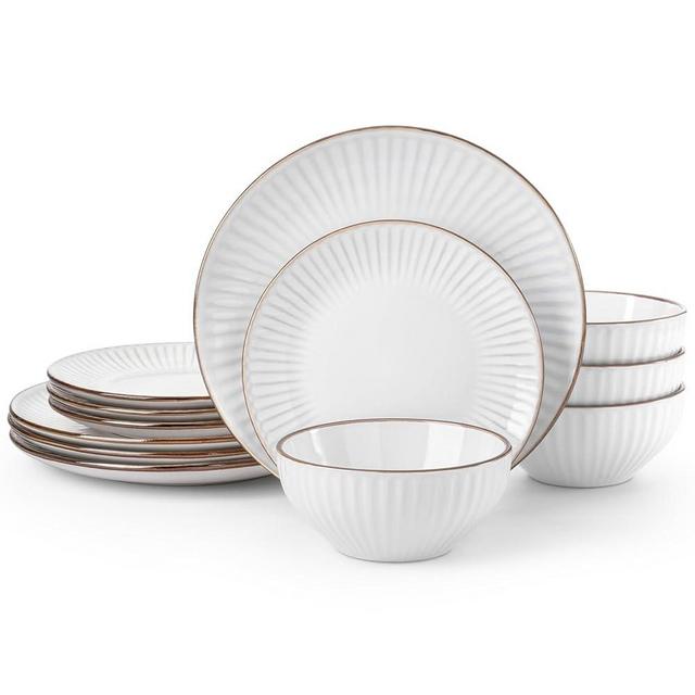 Famiware Plates and Bowls Sets, 12 Pieces Stoneware Dinnerware Sets, Dishes Set for 4, Microwave and Dishwasher Safe, White Stripe