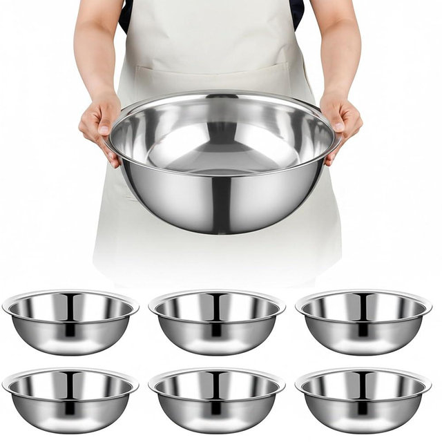 TREEHAC 6 Pcs Stainless Steel Mixing Bowls Metal Mixing Bowls Extra Large Basin Salad Bowl with Deeper Edge, Dishwasher Safe, Mirror Finish for Home and Commercial, Silver (13 Inch 7 Qt)