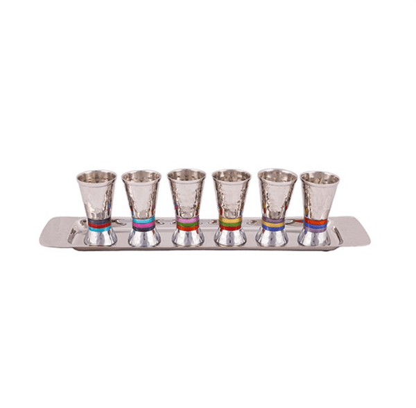 6 Small Hammered Rings Kiddush Cups + Tray - Multicolor by Yair Emanuel