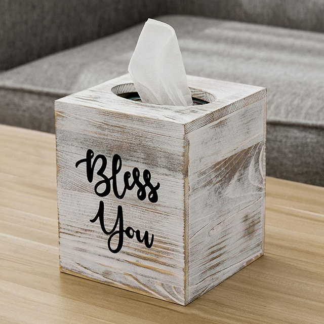 MyGift Bless You Shabby Whitewashed Wood Square Tissue Box Holder Cover