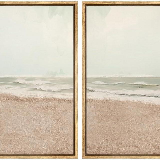 Ashbrook Framed Canvas Print Wall Art Set Coastal Calm Peaceful Shoreline and Oceanic Horizon Illustrations Modern Art Decorative Minimal for Living Room, Bedroom, Office - 24"x36"x2 NATURAL