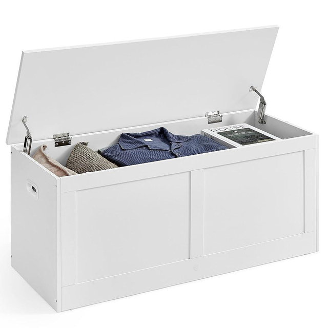 VASAGLE Storage Chest, Storage Trunk with 2 Safety Hinges, Storage Bench, Shoe Bench, Farmhouse Style, 15.7 x 39.4 x 18.3 Inches, for Entryway, Bedroom, Living Room, Cloud White ULSB164W01