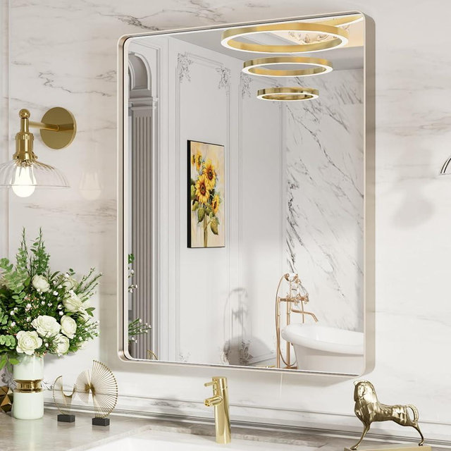 LOAAO 24X30 Inch Brushed Nickel Bathroom Mirror, Rounded Rectangle Silver Metal Frame Mirror, Brushed Nickel, Anti-Rust, Shatter Proof, Hangs Horizontally or Vertically