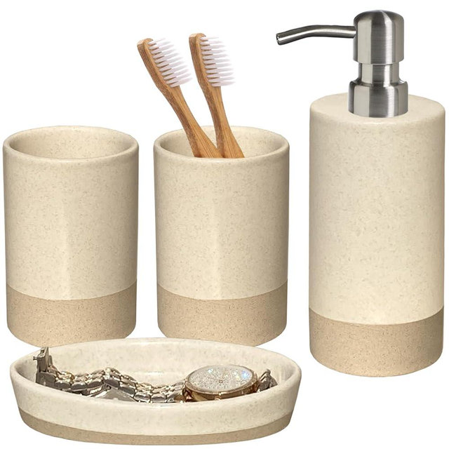 CAAS Bathroom Accessories Set 4, Beige Soap Dispenser for Bathroom, Toothbrush Holder,Tumbler Cup and Soap Dish, New Apartment Essentials, Modern Beige Bathroom Décor (Rustic)