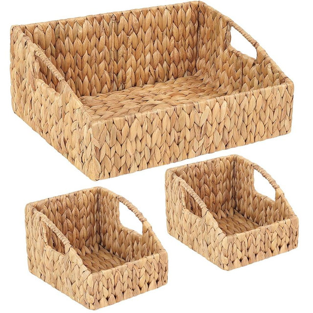 Set of 3 Handwoven Water Hyacinth Storage Baskets – Decorative Natural Wicker Organizer Bins with Built-in Handles for Bathroom, Kitchen, Pantry, Nursery, Closet, Laundry, Living Room, and Home Use