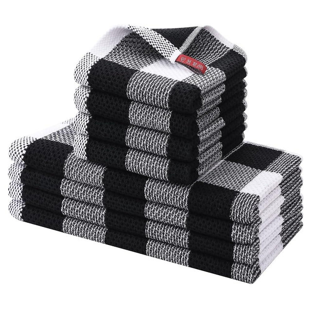 Homaxy Kitchen Towels and Dishcloths Set, 12 x 12 and 13 x 28 Inches, Set of 8 Bulk Cotton Waffle Weave Check Plaid Kitchen Towels, Super Soft and Absorbent Dish Towels, White & Black