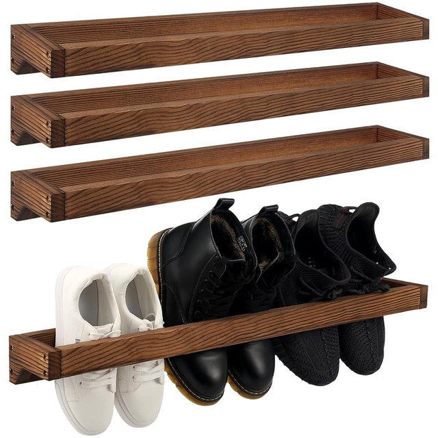 Wenqik 4 Pcs Wall Mounted Shoe Rack 30 Inch Rustic Wood Wall Hanging Shoe Rack Space Saving Footwear Holder Shoe Storage Organizer for Mudroom, Entryway, Closet (Burnt Wood)