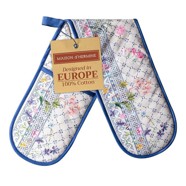 Maison d' Hermine Double Oven Mitts 100% Cotton 7"x35" Double Oven Mitt Heat Resistant BBQ Cooking Gloves with Loop, Baking, Grilling, Home, Kitchen, Handling Hot Pans Spring Summer (Faience)