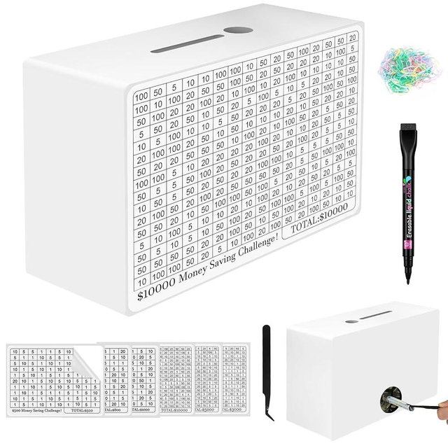 Wooden Money Saving Box, Cash Vault Savings Box for $10000 $5000 $3000 $1000 $800 $500 Target Money Saving Challenge, Reusable Money Box with Counter, Dry Erase Pen/Savings Trackers/Rubber Band-White
