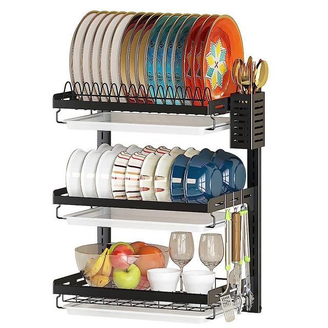 PUSDON Wall Mounted Dish Drying Rack, 3 Tier Stainless Steel Hanging Dish Drainer with Cutlery Holder, Drainboard and Hooks, Fruit Vegetable Kitchen Supplies Plates Bowls Cups Storage Shelf, Black