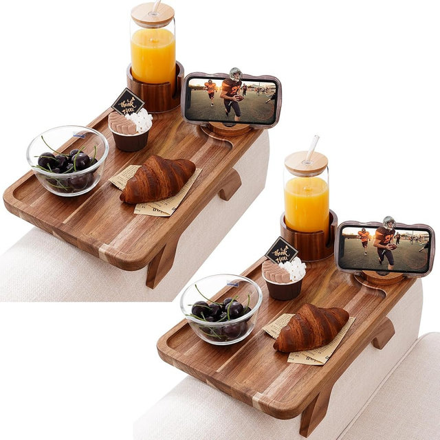 Nnewvante 2 Pack Couch Armrest Table, Acacia Wood Sofa Arm Clip On Tray | 3 in 1, Large 15.36 X 9.85 in Sofa Arm Table, 360° Rotating Cup & Phone Holder and Non-Slip Base