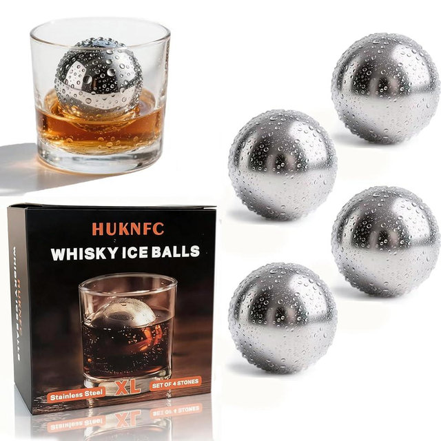 HUKNFC Reusable Ice Cubes & Metal Chilling Stones 304 Stainless Steel Whiskey Balls XL Extra Large Whiskey Ice Stones Set of 4 Silver Ball 2.2" (55 mm) Whiskey Gifts