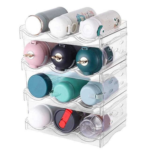Cq acrylic Water Bottle Organizer Stackable Kitchen Home Pantry Organization and Storage Shelf 4 Tier 12 Containers Tumbler Organizer Plastic Cabinet Organizer Wine Rack Fridge Organizer,Clear