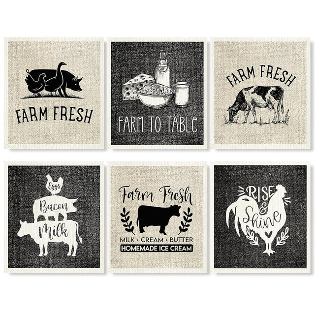 Generic AnyDesign Farmhouse Swedish Kitchen Dishcloth Farm Animals Cotton Kitchen Towel Black Absorbent Dish Towel for Housewarming Cleaning Wipes, 6Pcs, 7 x 8 Inch, Small