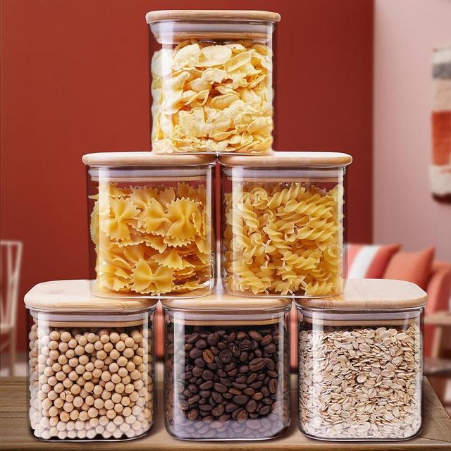 HomArtist Square Glass Jars with Bamboo Lids 27 FL OZ [Set of 6], Glass Canisters with Airtight Lids, Glass Food Storage Containers for Coffee, Sugar, Tea, Candies, Cookies,Best for Kitchen & Pantry