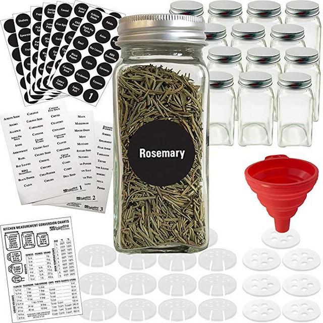 Talented Kitchen 14 Glass Spice Jars w/2 Types of Preprinted Spice Labels. Commercial Grade, Complete Set: 14 Square Empty Jars 4oz, Pour/Sift & Coarse Shakers, Airtight Cap, Chalkboard & Clear Label