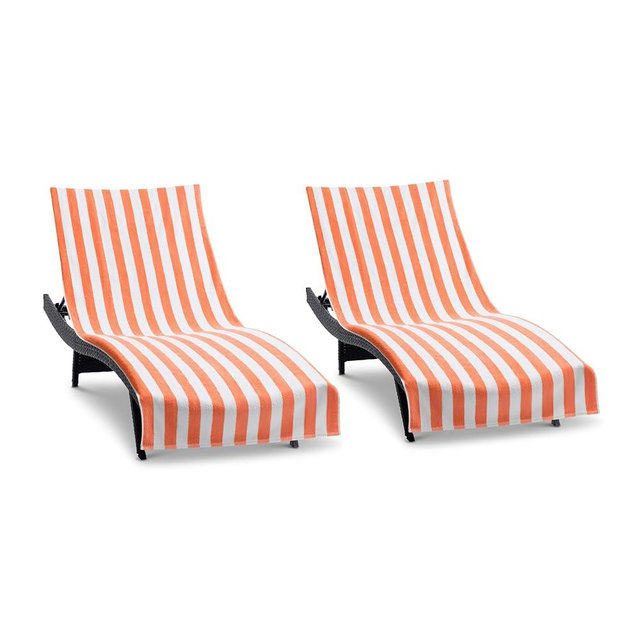 Arkwright California Chaise Lounge Cover Towel with Pocket - Pack of 2 - Striped 100% Cotton Cabana Cover for Beach Pool Outdoor Chairs, 30 x 85 in, Coral