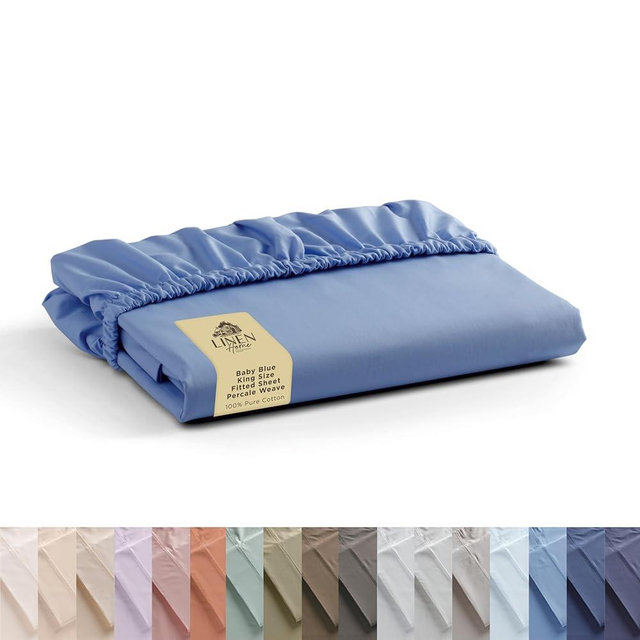 Linen Home 100% Cotton Percale Weave Fitted Sheet, King Size, Baby Blue, 1 Deep Pocket Fitted Sheet, Fits Mattress Upto 16" Crisp and Cool Strong Bed Linen, 78"X80"+15"