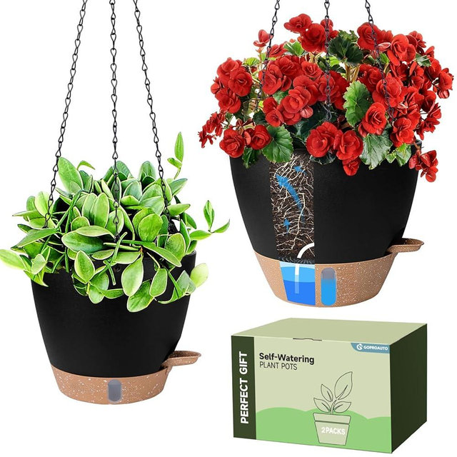 Goproauto Self-Watering Hanging Planters with Water Level Window, 8/10 Inch Indoor Outdoor Hanging Plant Pots Includes Chain Hangers with Drainage Holes & Detachable Reservoir (Black, 8+10 inch)