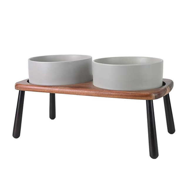 SPUNKYJUNKY Ceramic Elevated Dog Bowls Raised with Acacia Bamboo Wooden Stand, 8.3'' Dog Food Water Bowls Set Non-Slip for Medium Large Sized Breed Microwave Dishwasher Safe - 60 OZ,Grey