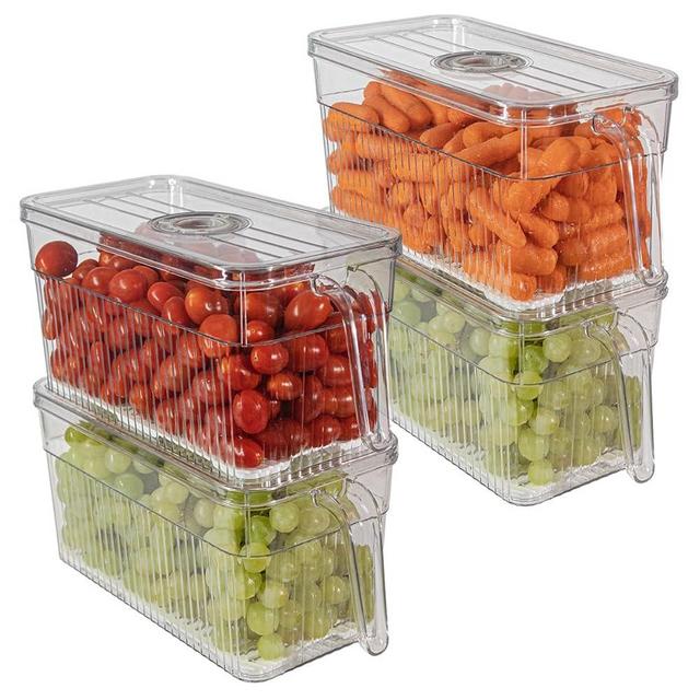 Four Pack Fridge Fruit Storage Container - Set of Four Stackable Refrigerator Organizer Plastic Bins with Lids and Handles, Kitchen Organization for Food, Fruits, Vegetables, Produce. BPA Free