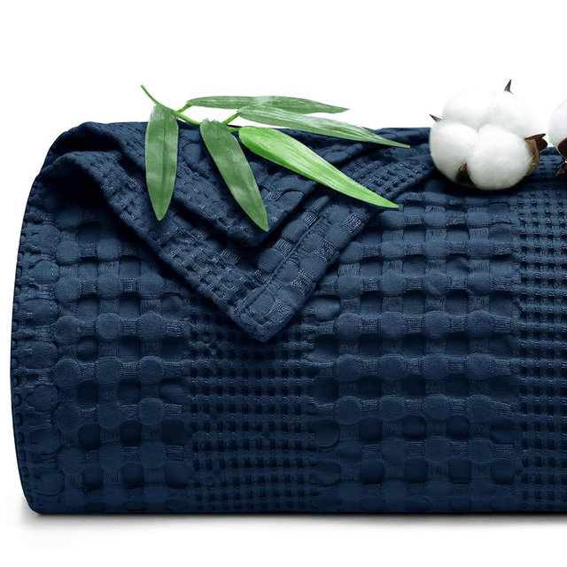 PHF Cooling Waffle Blanket King Size, Lightweight 60% Rayon Derived from Bamboo & 40% Cotton Breathable Blanket for Hot Sleepers, Soft and Luxury for Bed Couch and Sofa, 104"x90", Navy Blue