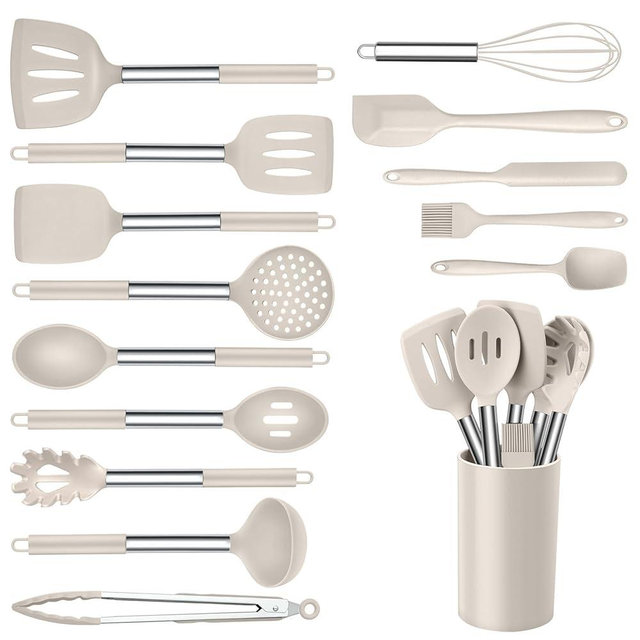 Onader Silicone Cooking Utensils Set of 15, Kitchen Utensils Set with Holder for Nonstick Cookware, 446°F Heat Resistant Stainless Steel Handle - Khaki
