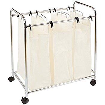 Saganizer Hamper with Wheels Rolling Cart Heavy Duty Triple Laundry Organizer/Sorter, Chrome/White