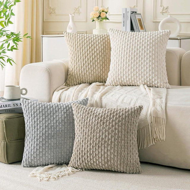 Cozoomy Set of 4 Neutral Decorative Pillow Covers 20x20 Inch Corduroy Throw Pillow Covers for Bed Couch Sofa Living Room Soft Cushion Cases