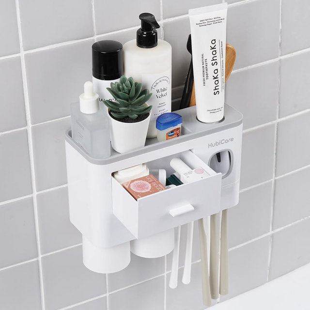 HubiCare Toothbrush Holder with Toothpaste Dispenser Wall Mounted for Bathroom, Automatic Toothpaste Squeezer, Bathroom Organization and Storage, 5 Toothbrush Slots (2 Cups)