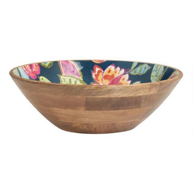 Large Navy Multicolor Floral Amal Enamel Wood Bowl