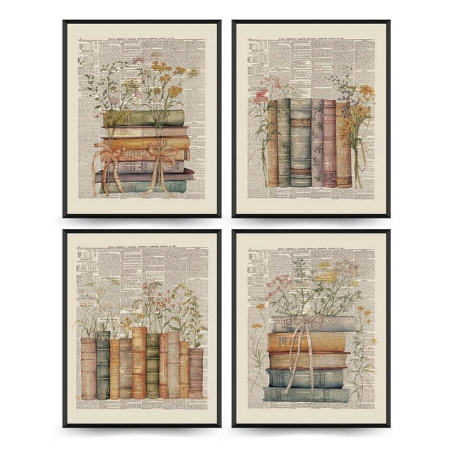 PLKMN Classroom Decor, Vintage Wall Decor, Library Book Club Decorations, Retro Floral Books Wall Art Bookish Gifts Posters for Room Aesthetic, Book Themed Party Decorations 8x10 Set of 4 Unframed