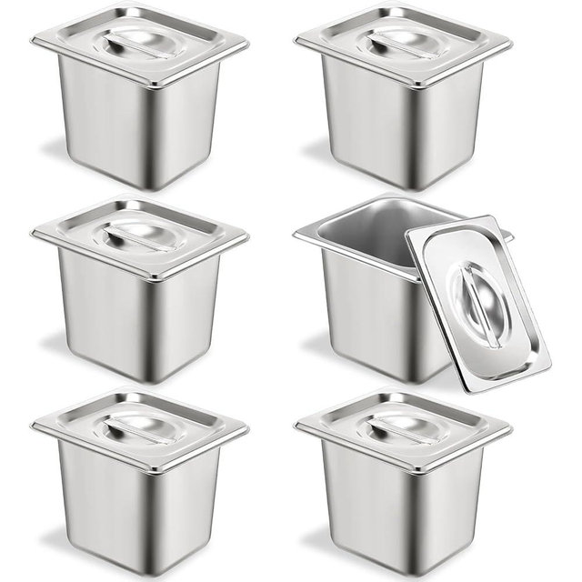 TSUBOR 6 Set Stainless Steel Hotel Pans 1/6 Size 6 Inch Deep With Lids, Anti-Jam Chafing Steam Table Pans, Catering Food Storage Metal Pan