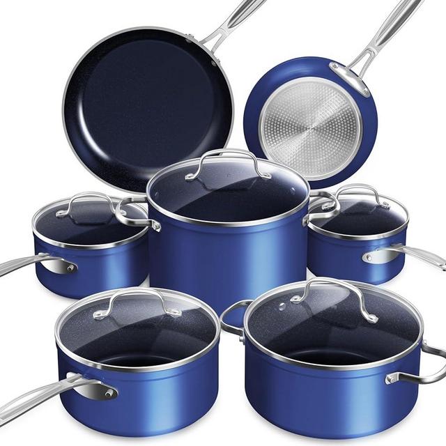 Nuwave Healthy Duralon Blue Ceramic Nonstick Coated Cookware Set, Diamond Infused Scratch-Resistant, PTFE & PFOA Free, Oven Safe, Induction Ready & Evenly Heats, Tempered Glass Lids & Stay-Cool Handle
