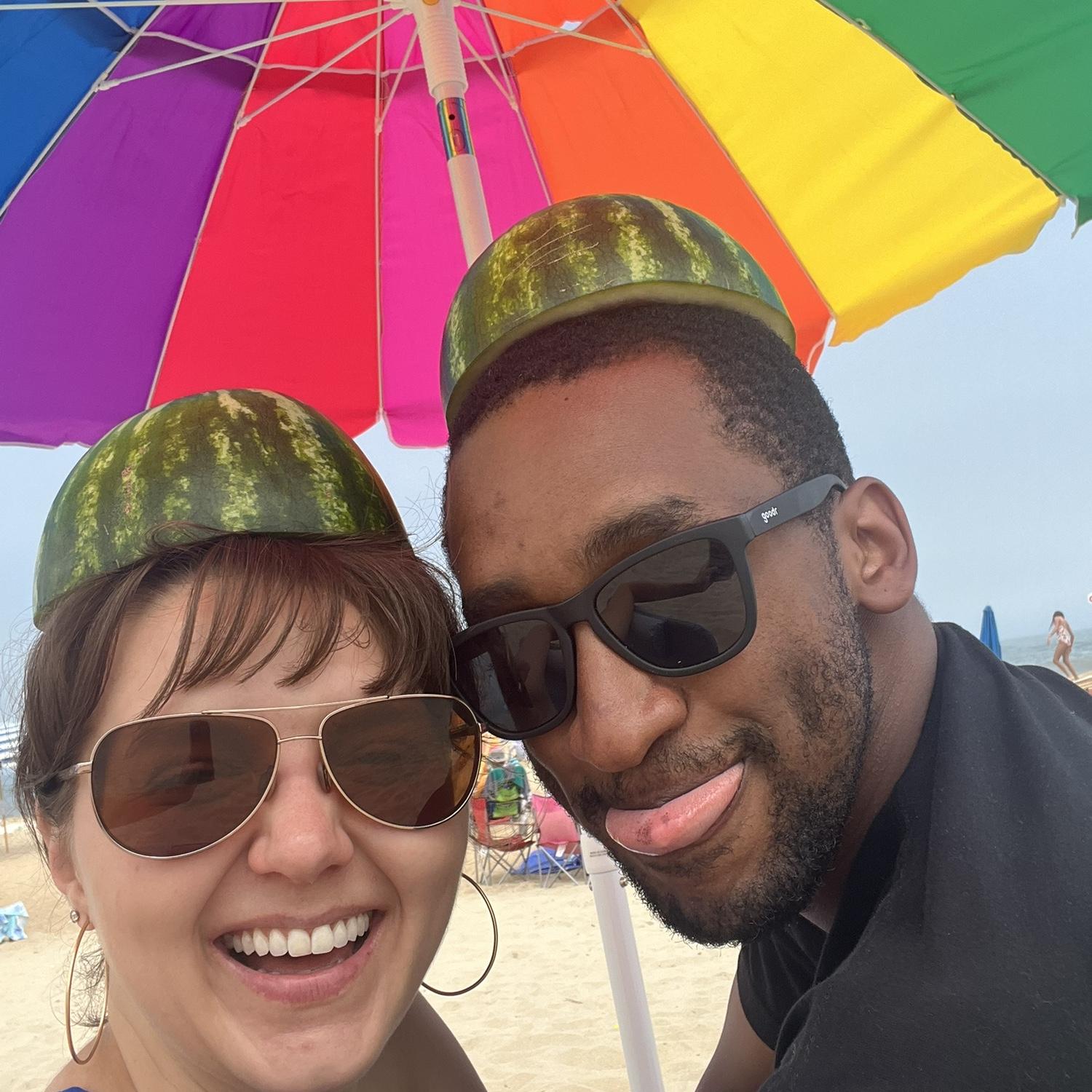 Watermelon hats at the beach - another example of easy laughter.