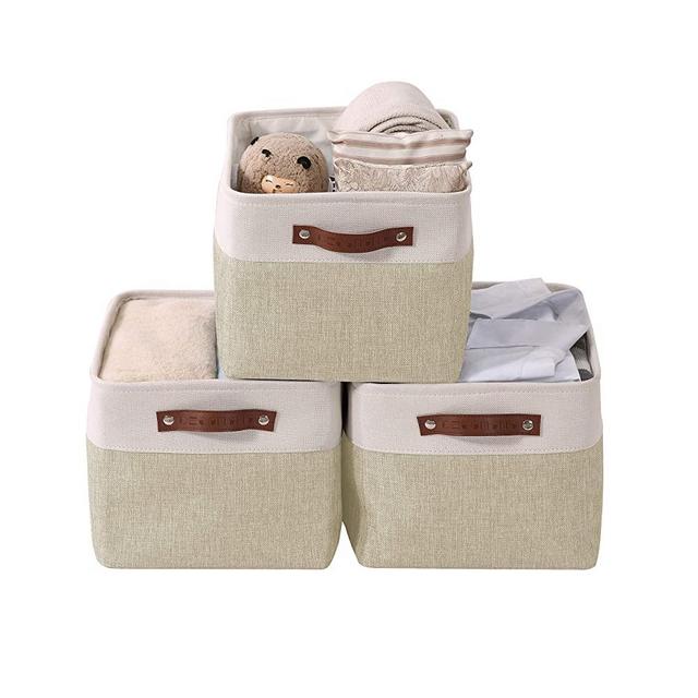 DECOMOMO Foldable Storage Bin | Collapsible Sturdy Cationic Fabric Storage Basket Cube W/Handles for Organizing Shelf Nursery Home Closet (Beige and White, Large - 3 Pack)