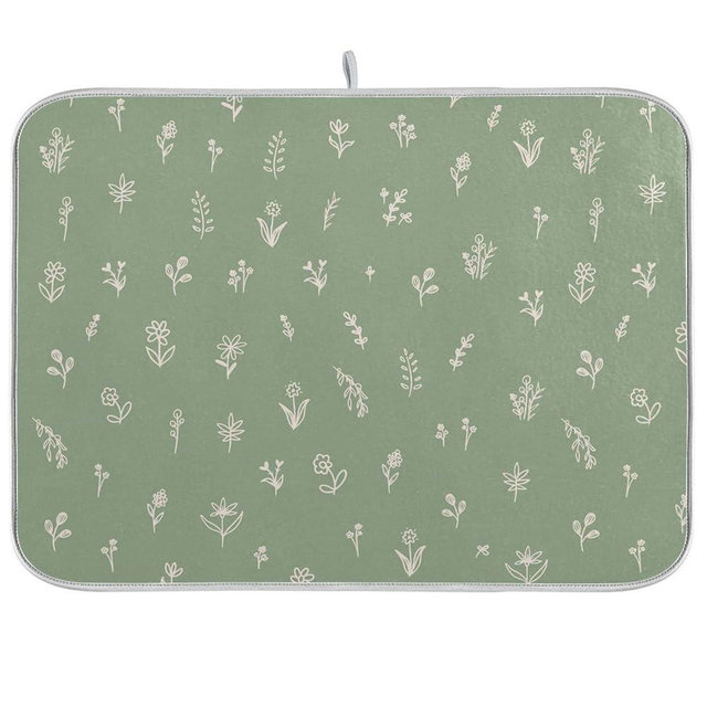 Sage Green Dish Drying Mat Quick Absorbent 16x18 Doodled Botany Flowers Leaves Herbs Plants Kitchen Drying Mat for Countertop Sink Reusable Dishes Mats Kitchen Essentials