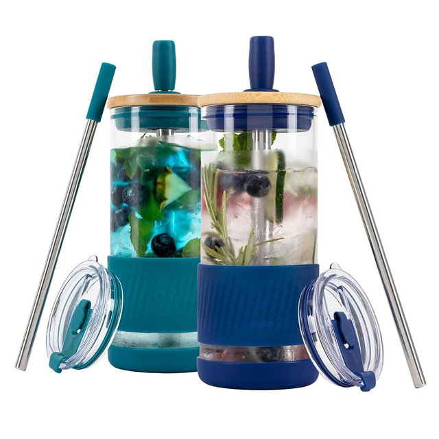 Pandaloo® Glass Cups With Lids and Straws -20 Fl Oz- Perfect Size Iced Coffee Cup - Smoothie Cup With Bamboo Lid and On the go Lid - Glass Tumbler (2 Count (Pack of 1), Intense Teal-Galactic Blue)