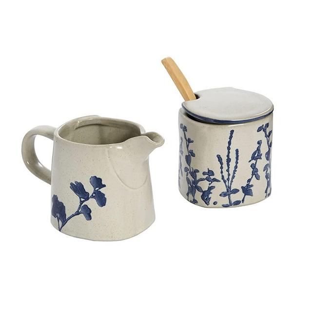 Creative Co-Op Hand Stamped Stoneware Sugar Pot with Lid and Creamer Dining/Entertain Mugs & Cups, 8"L x 3"W x 3"H, Blue & White