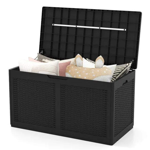 Costway 100 Gal Outdoor Storage Box Lockable Patio Bin & Bench for Gardening Tools Black