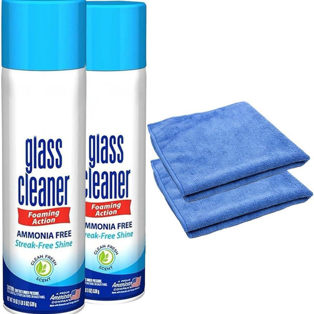 Glass Cleaner Foam, Foaming Action & Spray, 23oz - 2 Pack - Clean Fresh Scent - Bundled With 2 Microfiber Cleaning Clothes (46 oz Total)