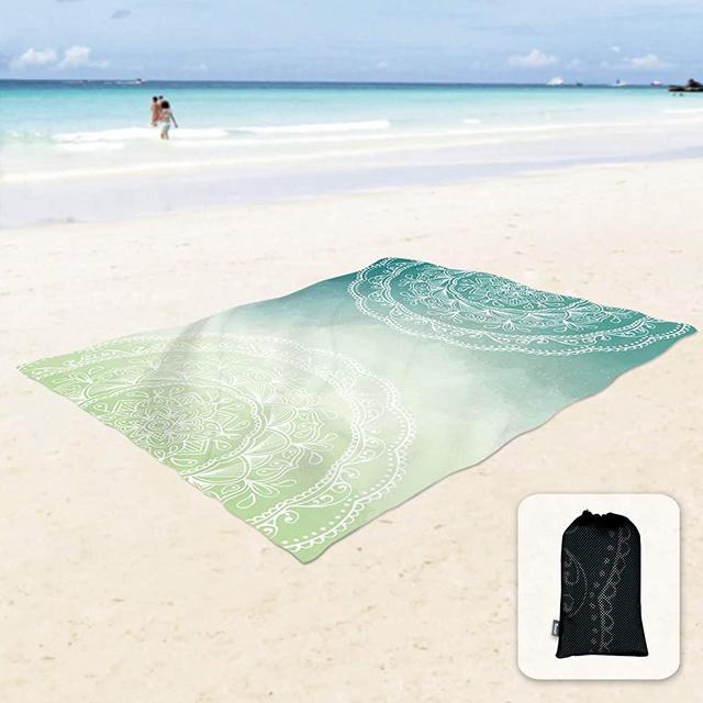 Sunlit Silky Soft 106"x81" Boho Sand Proof Beach Blanket Sand Proof Mat with Corner Pockets and Mesh Bag for Beach Party, Travel, Camping and Outdoor Music Festival, Tiffany Green Mandala