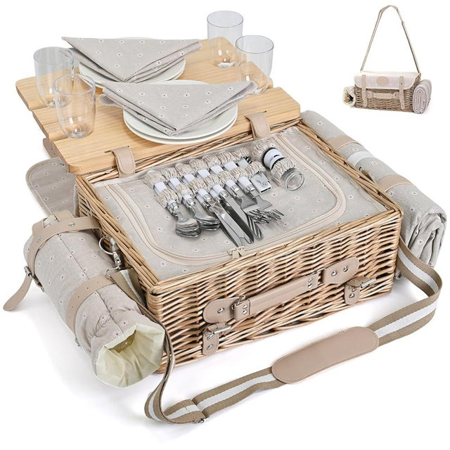 Mutifunctional Wicker Picnic Basket Set for 4 with Blanket and Picnic Table, Insulated Picnic Set with Full Tablewares for Camping Outdoor Couples, Flowers
