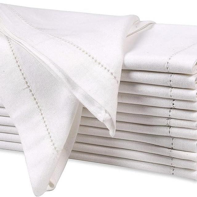 Ramanta Home Hemstitched Dinner Napkins Set of 12 - White, 18x18 Inches - Premium Textured Cotton Soft Cloth Napkins - Durable and Reusable for Weddings or Everyday Use