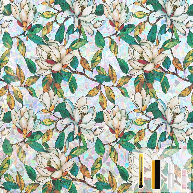 Kromapolis Window Privacy Film, Stained Glass Sticker Floral Window Clings, Decorative Static Clings UV Blocking Colorful Decals, Removable Vinyl Covering White Magnolia Flowers, 17.5'' x 78.7''