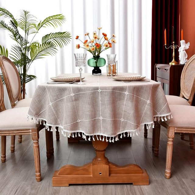 Monibana Plaid Farmhouse Coffee Oval Tablecloth Cotton Linen Heavy Weight Checkered Table Covers Cloths for Dining Room Kitchen Tabletop Decoration, 54x72 Inch