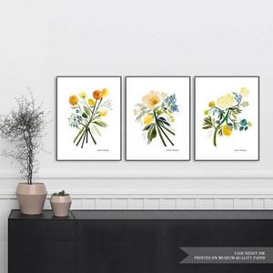 Botanical Florals Watercolor Illustration Art Tryptich Prints Set of 3 Printable or Printed Wall Decor Set of Three Art