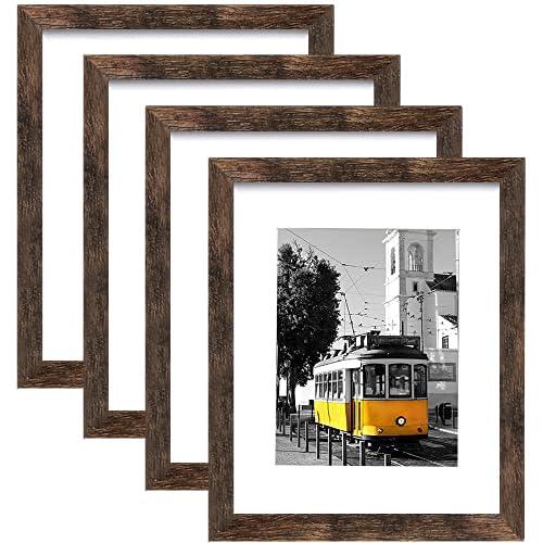 Picrit 12x16 Picture Frame Set of 4, Made of High Definition Real Glass, Display 8.5x11 with Mat or 12x16 Without Mat，Photo Frames Collage for Wall Décor, Brown