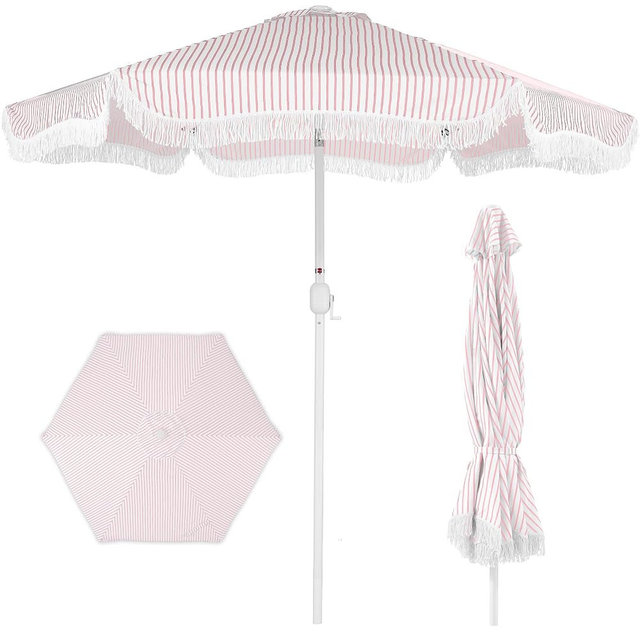 Best Choice Products 9ft Fringe Market Patio Umbrella – Outdoor Boho Tassel Sunshade for Table, Pool, Deck, Backyard – UPF50+, Easy Tilt, Heavy Duty Steel Pole & Ribs - Pink Pinstripe