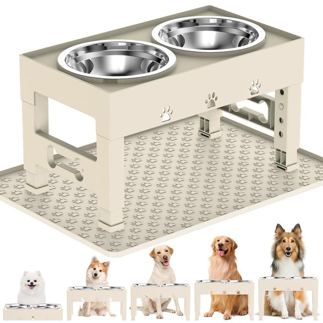 LAKIPETN Elevated Dog Bowls with Mat, Raised Dog Food Bowl Stand with 2 Stainless Steel Bowls, 5 Height Adjustable (3.1", 9", 10", 11", 12") Non-Slip Feeder Set for Medium and Large Dogs – Apricot